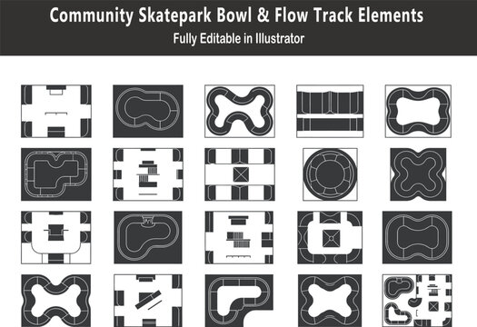 Modular skatepark obstacle layouts architectural vector icons pack displaying top down kidney concrete bowls ledge rails quarter pipe ramps curves