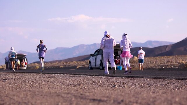 Athletes in white running through death valley
