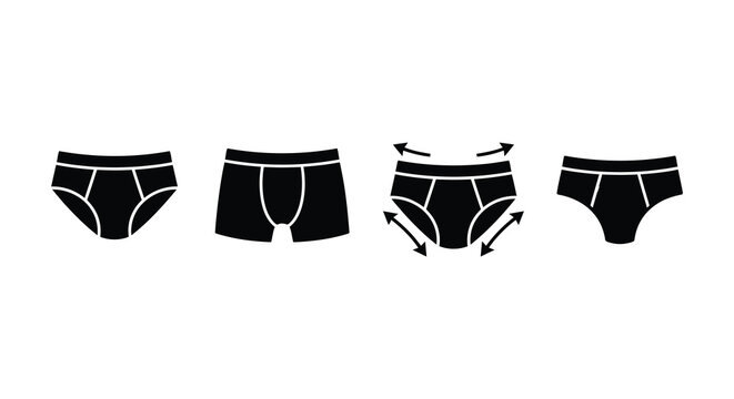 Set of various men underwear styles including briefs and boxer shorts with measurement and fit guide icons