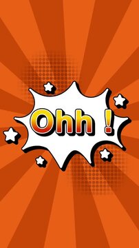 Ohh text word lettering popup comic cartoon reveal with bomb and smoke explosion manga anime book page dots radial speed lines doodle orange background seamless loop vertical animation retro clip Ohh!