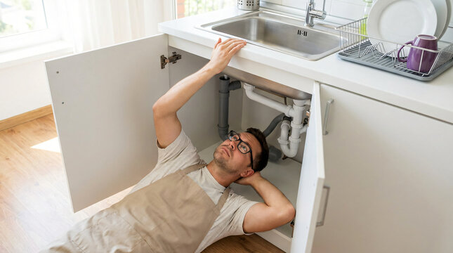 Young man fixing a leaky sink pipe in the kitchen, lying on the floor under the cabinet.