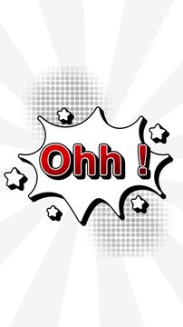 Ohh text word lettering popup comic cartoon reveal with bomb and smoke explosion manga anime book page dots radial speed lines doodle white background seamless loop vertical animation retro clip Ohh!