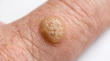 Fototapeta premium Extreme Close-Up of a Single Rough Wart with Black Dots on a Finger - Macro Clinical Image of Solitary Verruca Vulgaris on Finger Showing Thrombosed Capillaries and Hyperkeratotic Surface