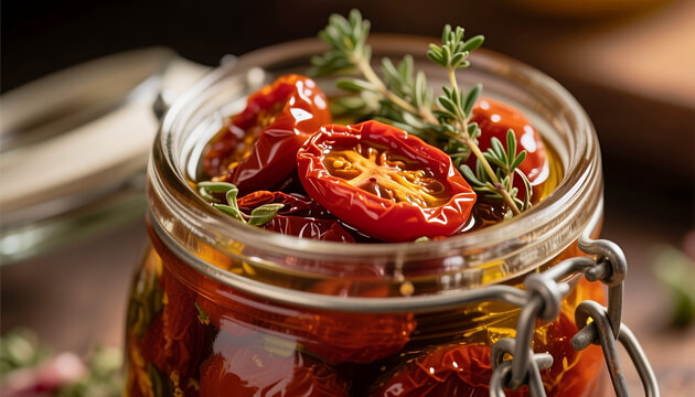 Sun-dried tomatoes preserved in jar with rosemary and thyme  