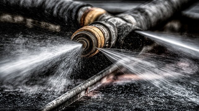 Water sprays powerfully from a thick hose onto a dark surface.