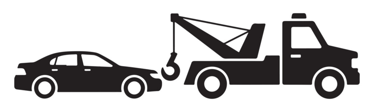 Tow truck service silhouette towing broken car icon for emergency roadside assistance and recovery.