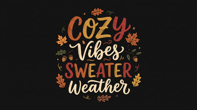 Cozy Vibes Sweater Weather typography with autumn leaves.