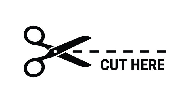 Black scissors icon with a dotted cutting line and cut here text on a transparent background