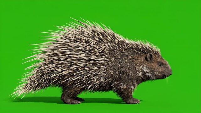Porcupine with Quills Raised: A porcupine stands on a green background, its sharp quills raised defensively, showcasing its unique protective adaptation in this detailed close-up.