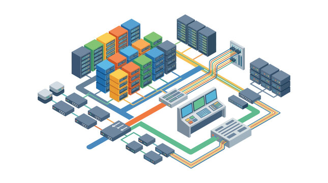 Isometric Server Room with Colorful Data Storage Racks and Network Devices Vector Illustration