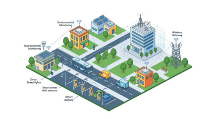 Obraz premium Isometric Smart City Infrastructure with Traffic Lights, Street Lighting and Environmental Monitoring