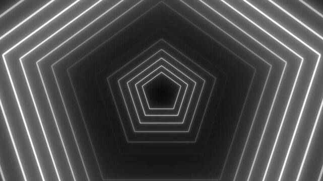 Abstract glowing white pentagonal tunnel motion background, futuristic neon geometric corridor loop