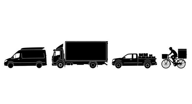 Delivery vehicles in a row on white background with black silhouettes van van truck pickup transport logistics bicycle supply chain rider