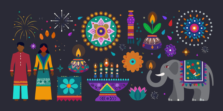 Diwali Festival Illustration With People Lamps And An Elephant