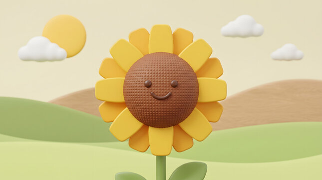 Adorable 3D render of a happy sunflower character with a smiling face in a bright outdoor meadow.