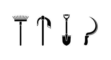 Four black gardening tools on white background with agriculture maintenance landscaping equipment outdoors symbols shovel sickle nature with simple © Priyanka
