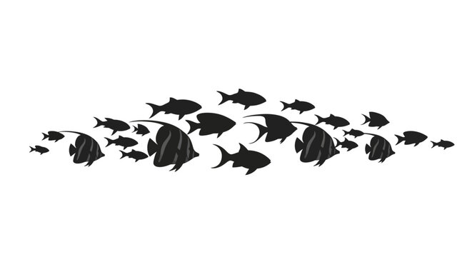 School of black fish swimming together in a group formation with silhouettes swimming fishing seafood marine nature animal ocean water with life