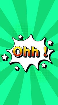 Ohh text word lettering popup comic cartoon reveal with bomb and smoke explosion manga anime book page dots radial speed lines doodle teal background seamless loop vertical animation retro clip Ohh!