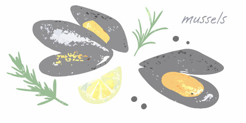 Mussels Watercolor Illustration With Lemon Rosemary And Black Pepper © Mamata