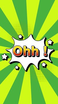 Ohh text word lettering popup comic cartoon reveal with bomb and smoke explosion manga anime book page dots radial speed lines doodle green background seamless loop vertical animation retro clip Ohh!