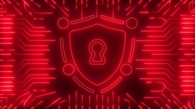 Cyber security shield with glowing red digital circuitry background, for data protection, padlock
