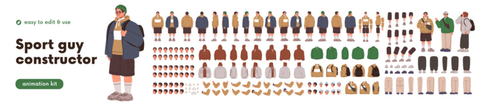Sport young man constructor, animation kit. Guy body parts, elements set. Male character in sporty style outfit, hoodie, sneakers, backpack. Flat vector illustration isolated on white background