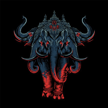 Multi-headed sacred elephant vector illustration with ornate temple crown and mythological style on black background