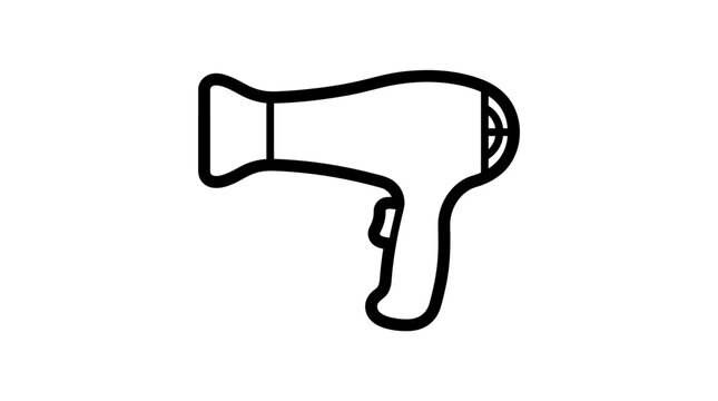 Minimalist Black Outline Vector Icon of a Handheld Hair Dryer Appliance for Beauty and Salon Styling Equipment Graphics