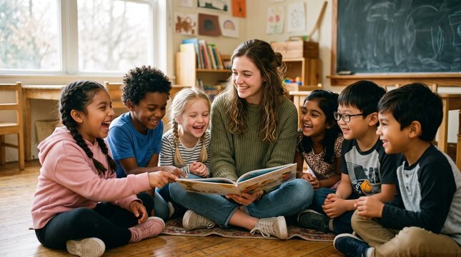 Female Teacher Reading Storybook to Diverse Children in Classroom