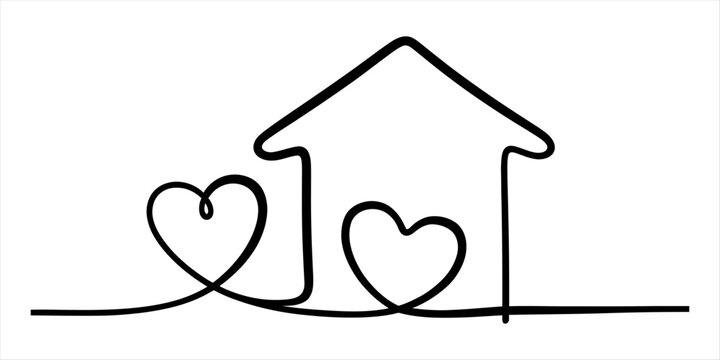 Continuous single line drawing of a house shape and heart symbols representing a happy home and love for real estate concept in black and white style