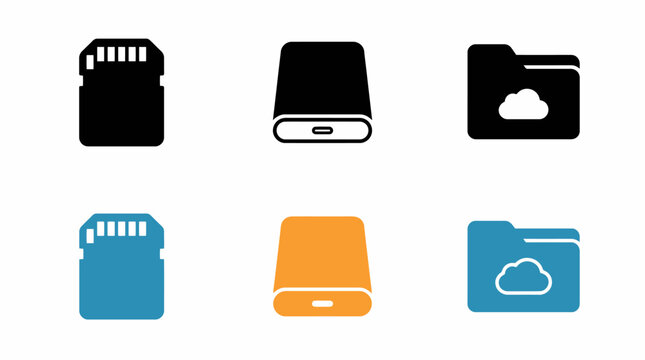 Digital storage icons: sd card, external drive, cloud folder in black and colorful designs