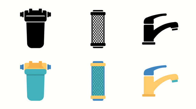 Variety of water filters and faucets in different styles and colors
