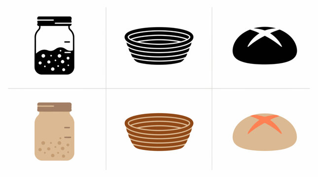 Minimalist icons of sourdough starter, banneton, and bread loaf in black and white and color