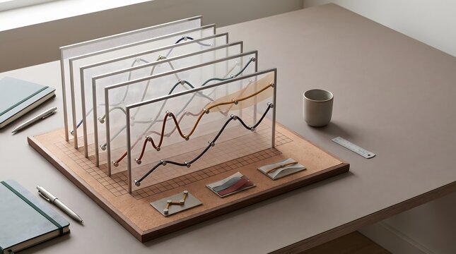 Project management performance tracking showing physical string art line charts for financial planning