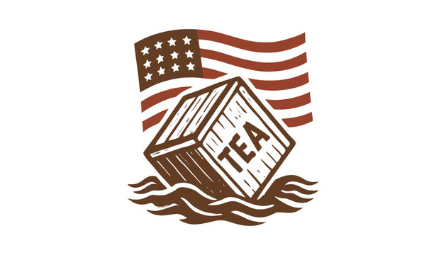 Boston tea party historical illustration with crate and flag