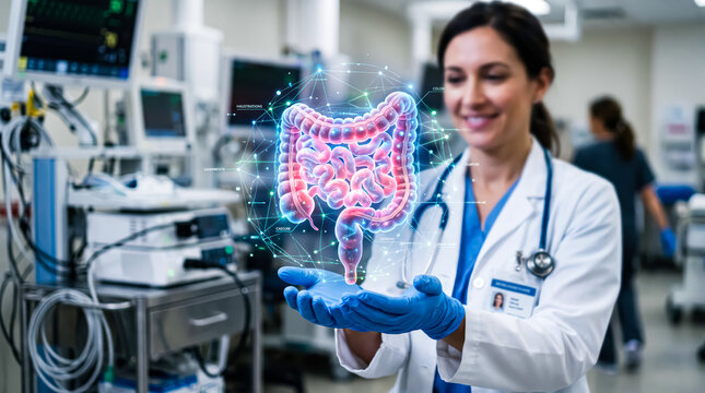 Doctor holding a 3d holographic projection of the human digestive system in a modern hospital setting