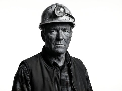 Portrait of a mature coal miner wearing a hard hat with a headlamp looking directly into the camera against white background