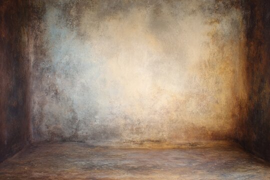 Textured studio backdrop with brown, tan, and blue hues. Painted, empty space with a mottled appearance