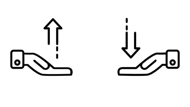Line icon of two robotic hands one with a rising arrow and one with a falling arrow representing automated trading buying and selling transactions