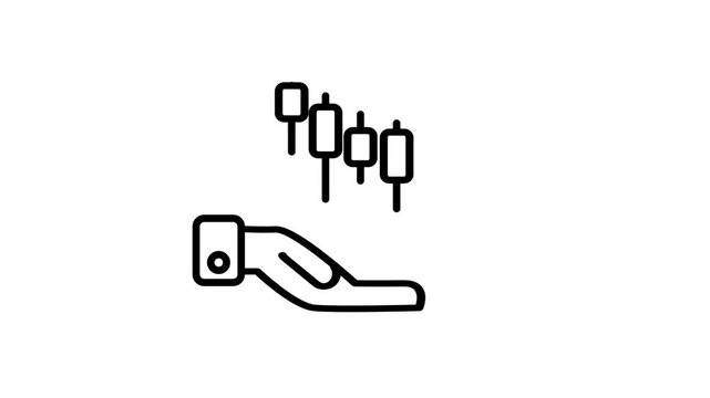 Line icon of a robotic hand holding a candlestick stock chart representing automated trading market analysis and modern financial investment tech