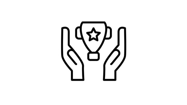 Line icon of two hands holding up a trophy with a star representing recognition achievement award and success earned through hard work and effort