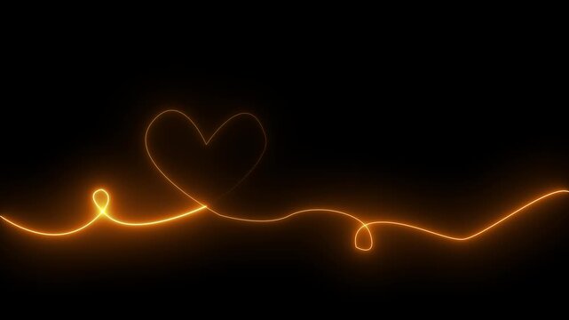 Glowing neon heart line animation on black background, minimalist romantic motion