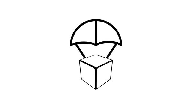 Line icon of a parachute carrying a falling box representing safety net protection risk management and secure delivery of business assets or goods