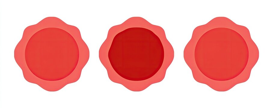 Three abstract red circular shapes with layered inner circles. Smooth color gradients and scalloped edges