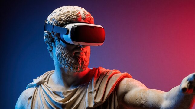 Antique Greek marble statue wears modern virtual reality headset. Ancient human sculpture experiences digital world inside studio with red, blue neon lighting. Classic art blends with futuristic tech