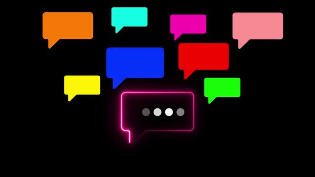 Neon chat bubble loading animation with colorful speech bubbles on black background, communication