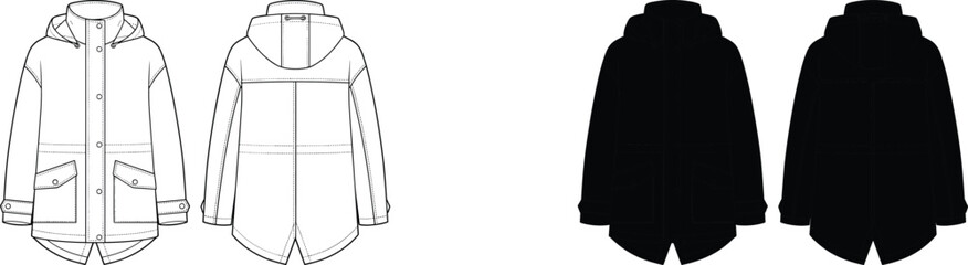 Technical flat sketch of a hooded parka jacket with front pockets and snap buttons © MdHasmot