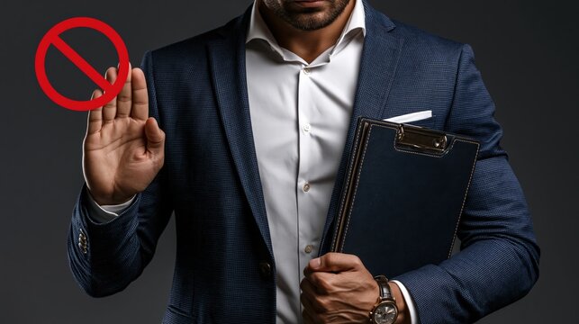 A professional holding a clipboard and making a stop gesture with a red prohibition sign.