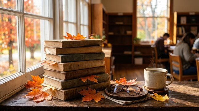 Warm autumn library window sill with stack of old books glasses and coffee cup