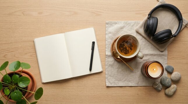 Minimalist study desk flat lay with blank notebook cup of tea candle and headphones